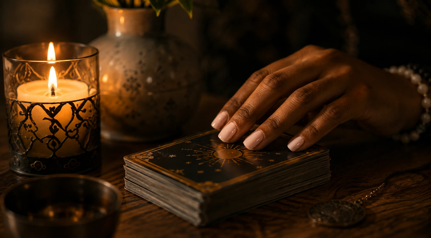 Consultation de voyance par cartomancie - Réponse personnalisée Main de Samantha sur un jeu de cartes de cartomancie lors d'une consultation de voyance avec réponse personnalisée.